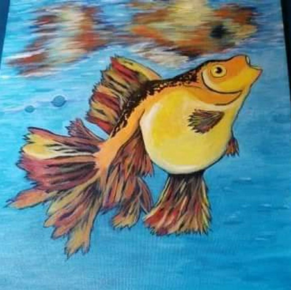 Hungry Goldfish Hand Painted Original 12x12 - Picture 2 of 2